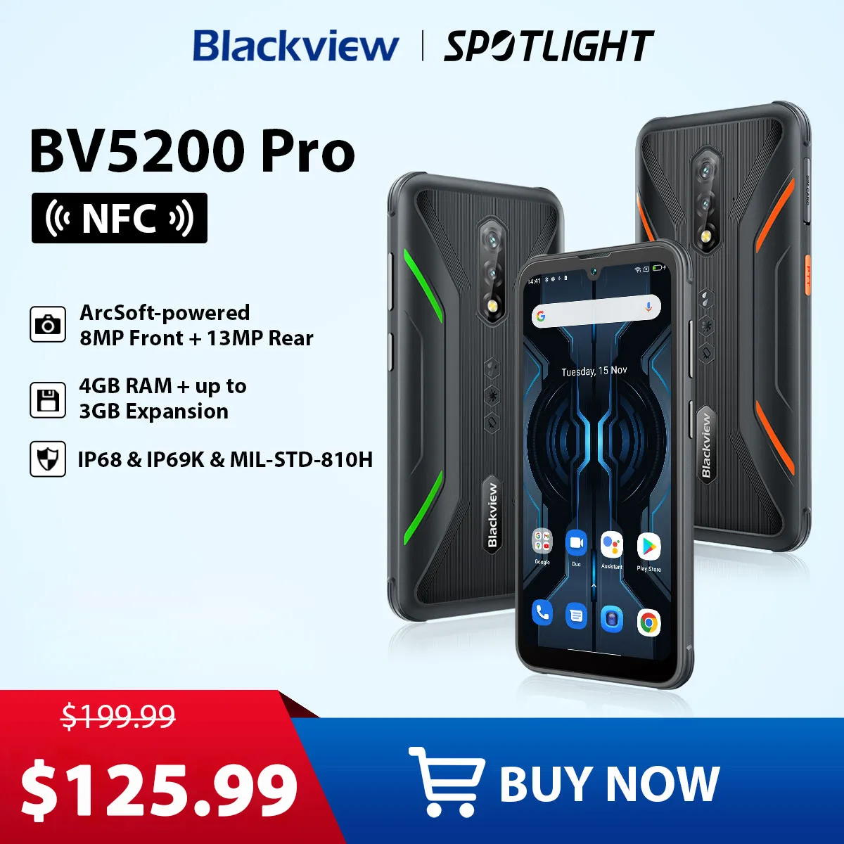 Blackview-teléfono inteligente BV5200 Pro, desbloqueado, resistente, Android 12, 4GB, 64GB, cámara de 13MP, 5180mAh