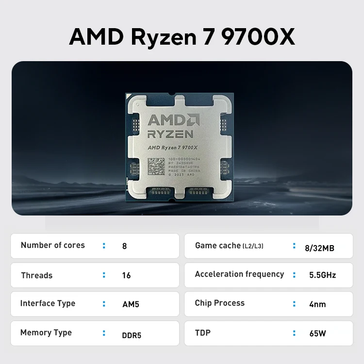 New AMD Ryzen 7 9700X Processor R7 9700X 5.5GHz 8-Core 16-Thread 40MB Game Cache 4NM TDP 65W Socket AM5 Gaming CPU Zen 5 No Fan
