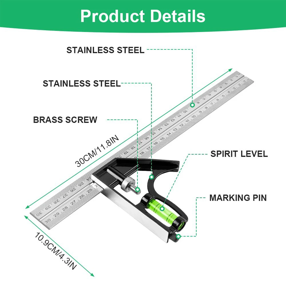 300MM Square Head with Aluminium Handle, 45/90 Degree Angle, Stop Angle Ruler with Level and Marking Pin, Angle Measuring Tool