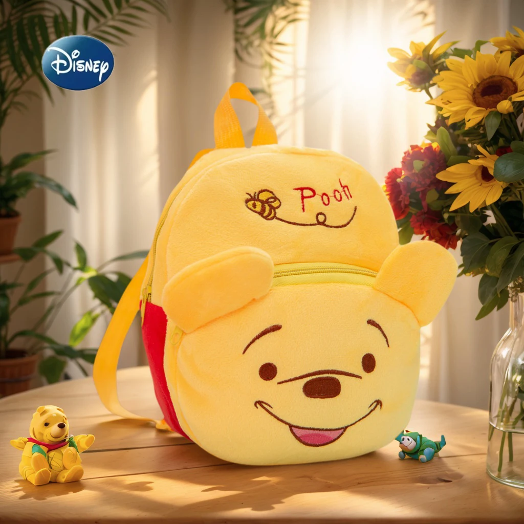 Disney winnie the pooh mochila dos desenhos animados flanela macia bordado mochila infantil leve