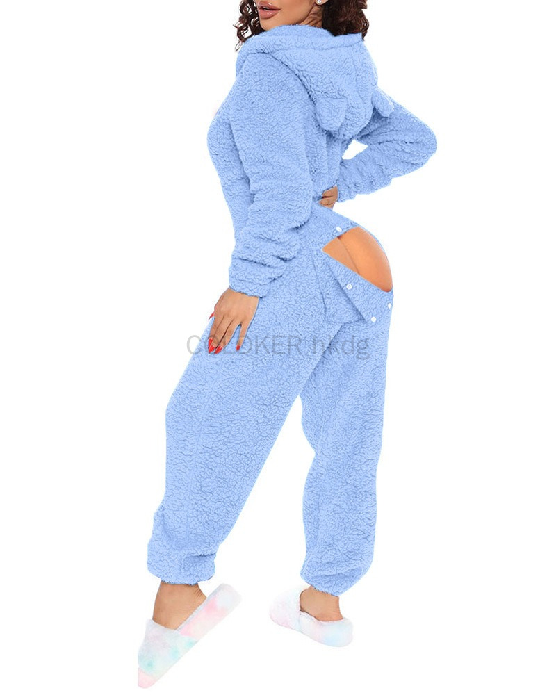 Frauen Overall Langarm Pyjama Zipper Mit Kapuze Overall Casual Winter Warme Nachtwäsche Sexy Butt Taste Zurück Klappe Hause Kleidung