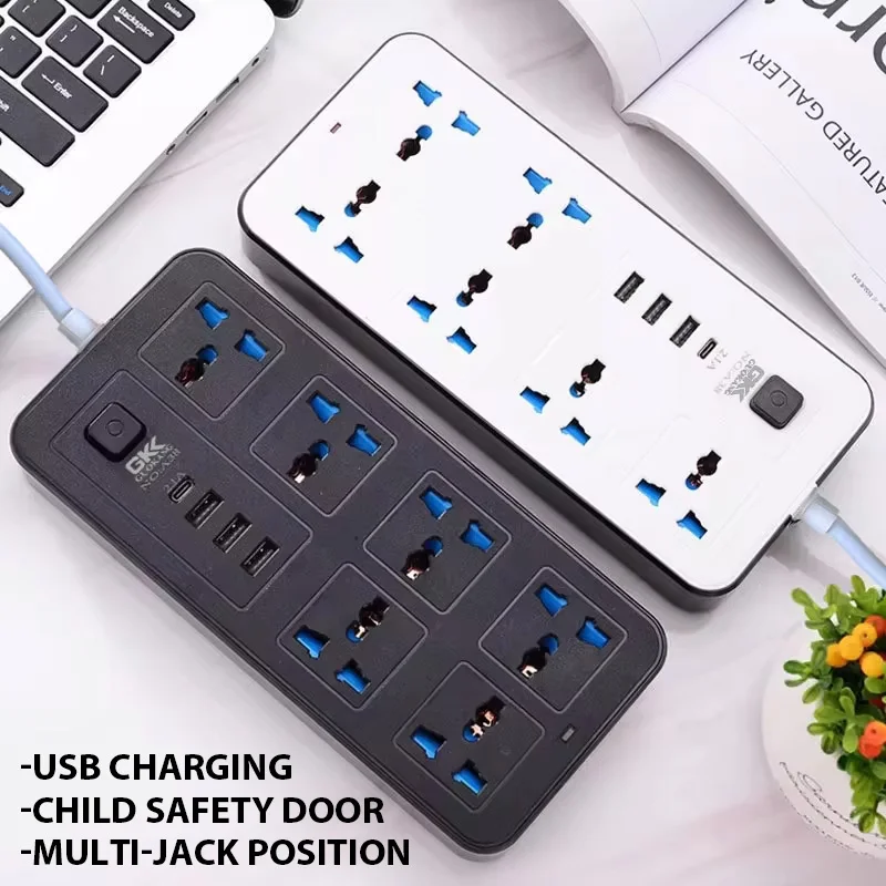 Power Multi Tap Universal Plug EU US UK Outlet Power Strip พร้อม 2 เมตรสายไฟ AC ประเภท C พอร์ต USB ชาร์จซ็อกเก็ตไฟฟ้า