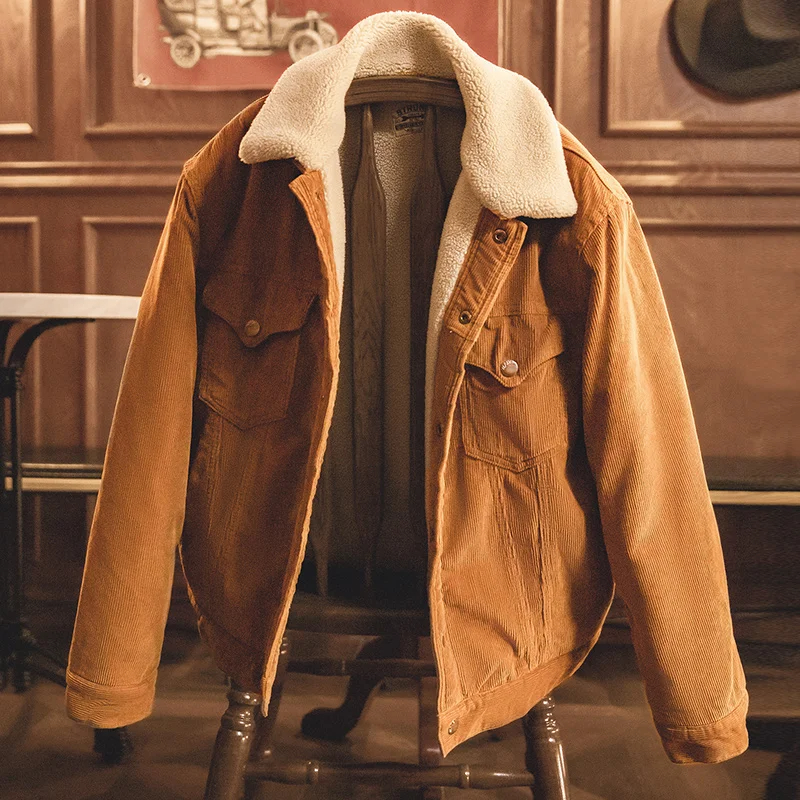 Maden Faux Lamswol Corduroy Jasje Voor Heren Gemberkleur Verdikte Revers Single-Breasted Jas Herfst En Winter Warm Jasje