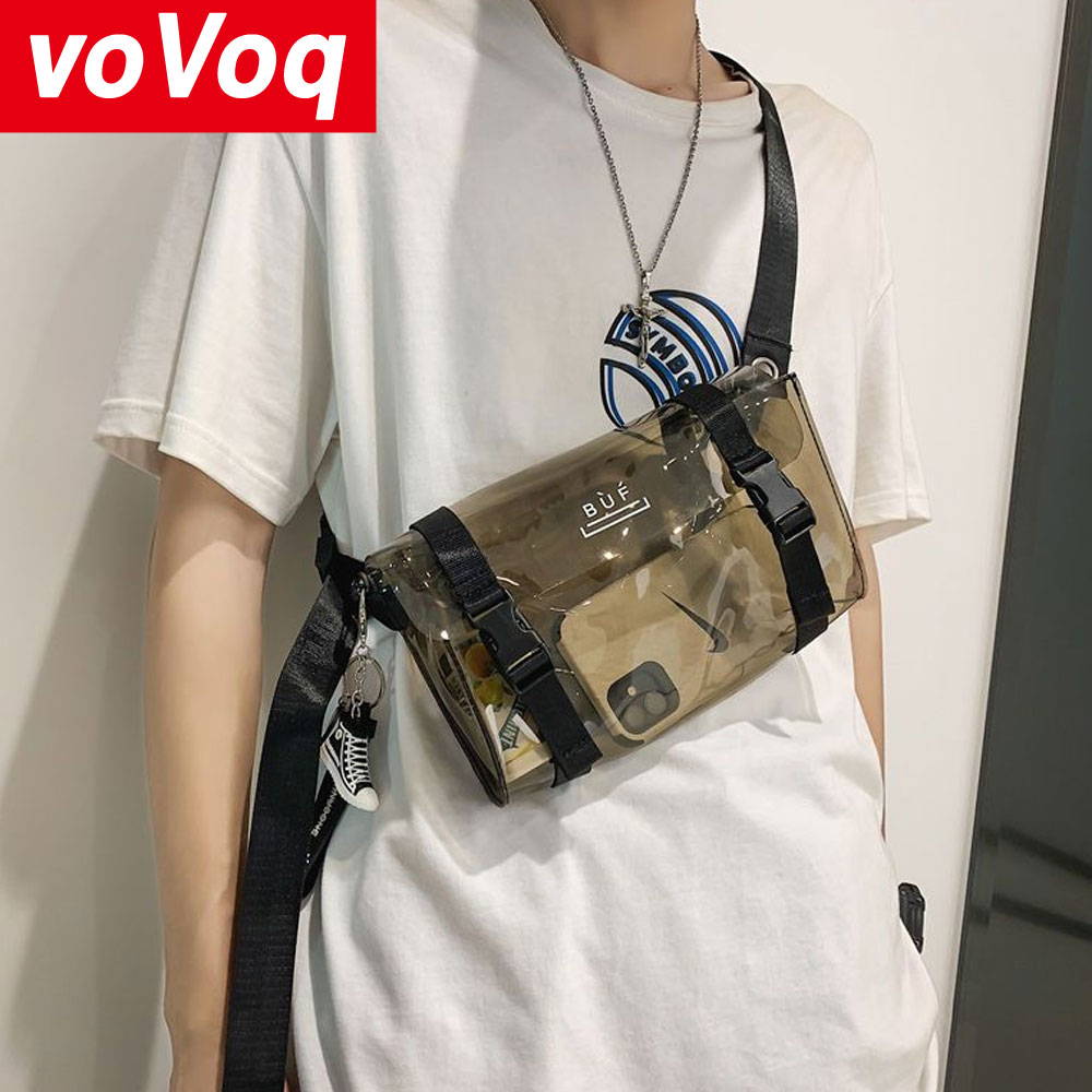 เกาหลีอินเทรนด์ผู้ชายCrossbodyกระเป๋าโปร่งใสสีดําพลิกPVCเดี่ยวไหล่ชุดทํางานสามารถไนท์คลับกระโดดกระเป๋า