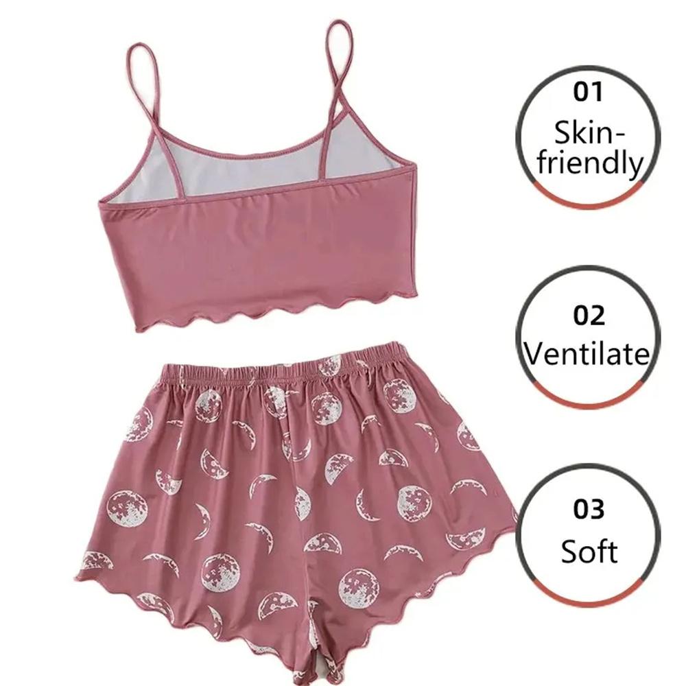 Conjunto de pijama para mujer, camisola deportiva y pantalones cortos, estampado de Luna rosa y Planeta, suave y cómodo, informal, Verano