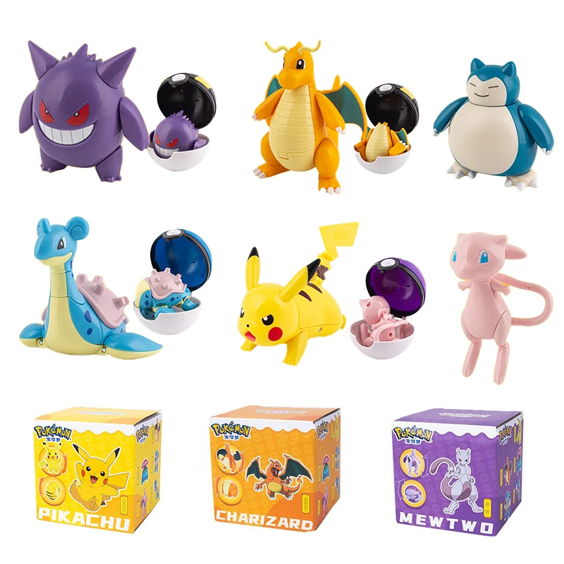 포켓몬 피규어 Dragonite Gengar Mew Snorlax Lapras Pokeball 엘프 공 변형 장난감 피카추 몬스터 교육 인형 어린이 선물