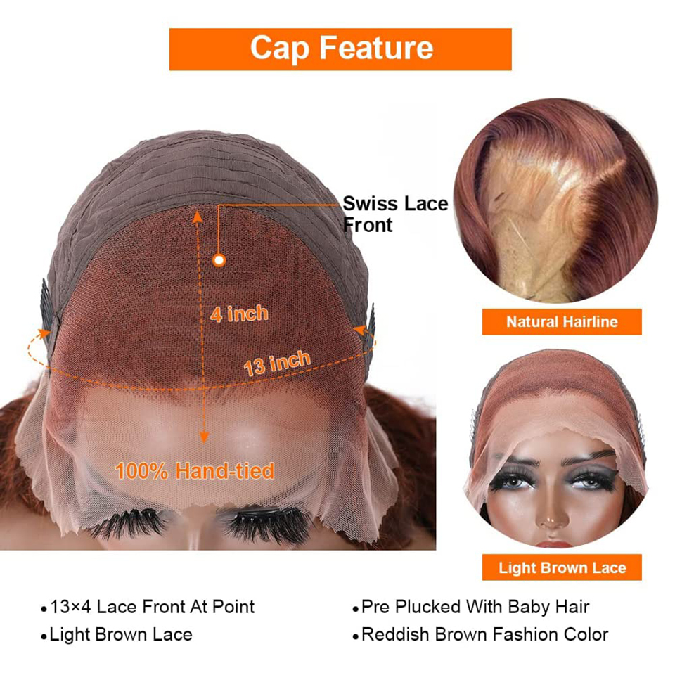 Peluca de cabello humano liso rizado marrón rojizo 13x6 HD pelucas delanteras de encaje Pre desplumado Yaki indio crudo Frontal de encaje marrón recto 180%