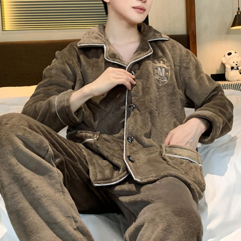 Conjunto de pijamas de inverno masculino lapela engrossar pelúcia quente flanela conjunto de pijama de flanela quente de duas peças homewear pijamas masculinos casa loungewear