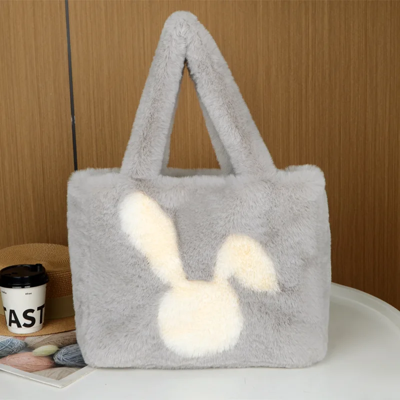Soft Cute Plush Bag Autumn Winter Large Capacity Rabbit Print Hand-held Shoulder Bag Tote Plush Bag Women's Square Bag 2025