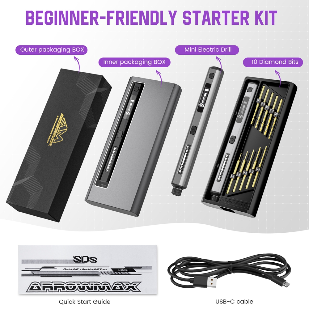 ARROWMAX Мини-электрическая дрель, вращающийся инструмент, перезаряжаемая аккумуляторная дрель для поделок, дерево, пластик, алюминиевая монета, домашняя DIY SDS Ultra