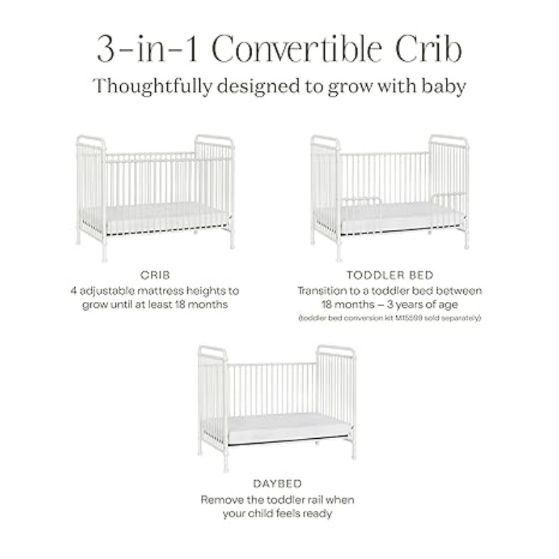 Namesake Abigail 3-in-1 Convertible Metal Crib in Washed White, Greenguard Gold Certified