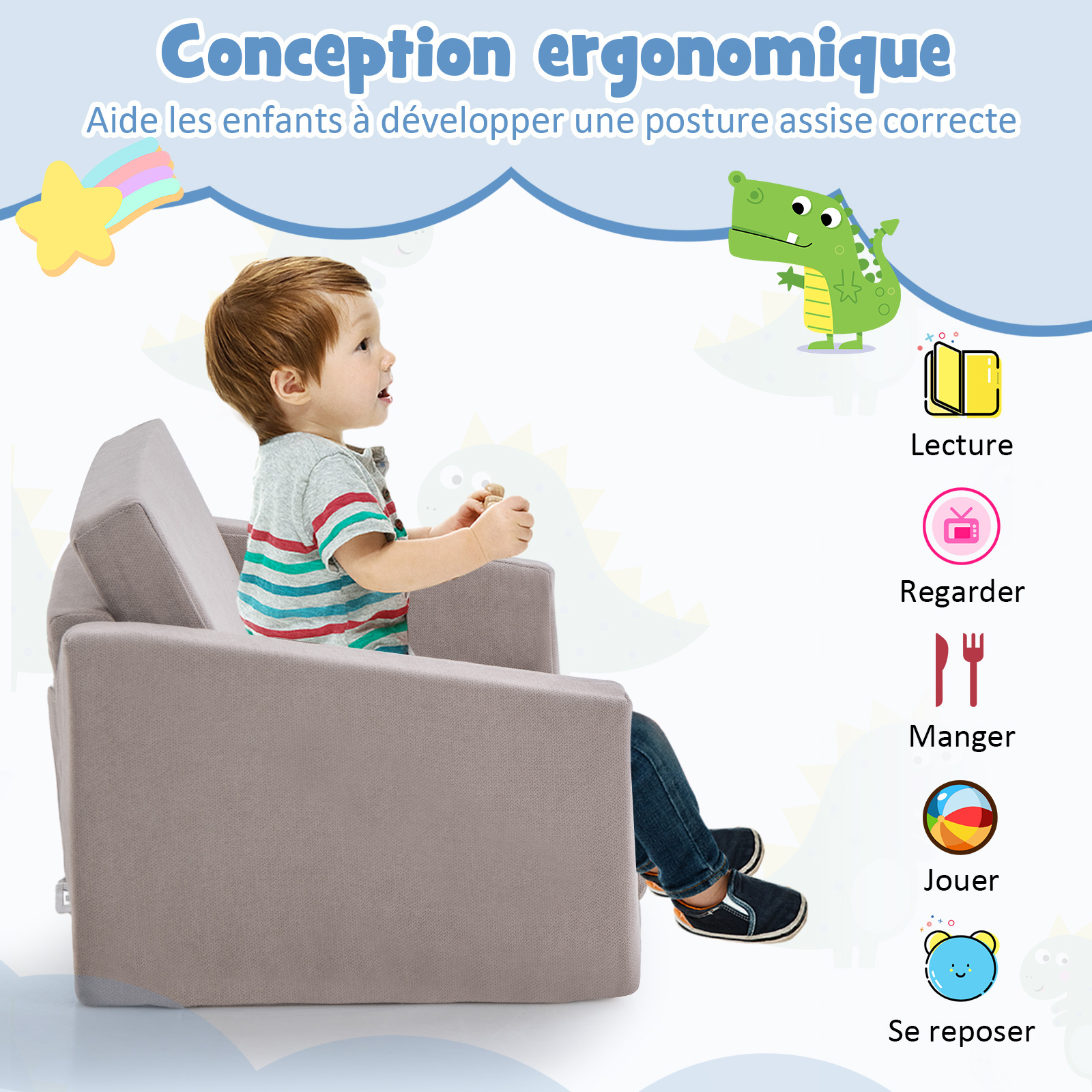 2 en 1 Canapé-lit Enfant en Flanelle Textile avec Conception Ergonomique & Dossier Large, Fauteuil Enfants Convertible avec Housse Amovible & Lavable, Charge 50kg pour 18-36 Mois