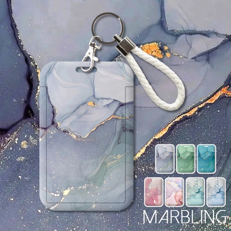 Funda porta tarjetas de Color mármol, tarjetero creativo para identificación de estudiante, tarjetero de autobús con llavero, cordón, Protector de tarjeta de trabajador de oficina