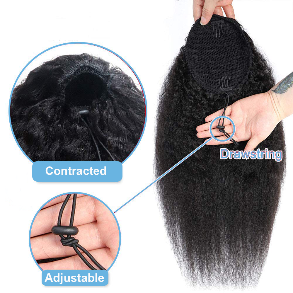 Extension de cheveux humains Kinky Straight Ponytail pour femme, 100% vrais cheveux, Wstring de proximité rond, noir naturel, 1b, 100g