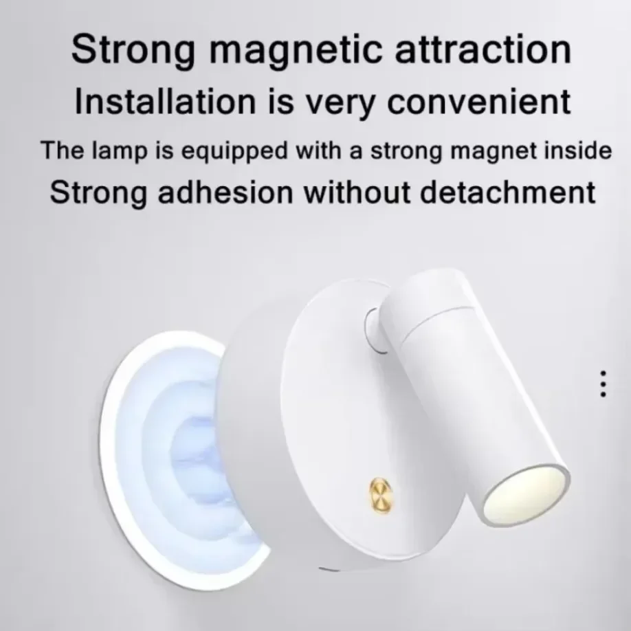 Luminária de parede led para quarto, recarregável por usb, preto e branco, base magnética regulável com interruptor de toque para cabeceira, estudo, leitura