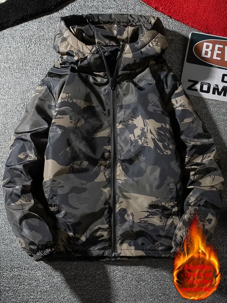 Jaqueta de Aodão Camuflada de Inverno Fina para Homens Resistente a Manchas e Quente Moda Jovem com F de Zíper Ajuste P...