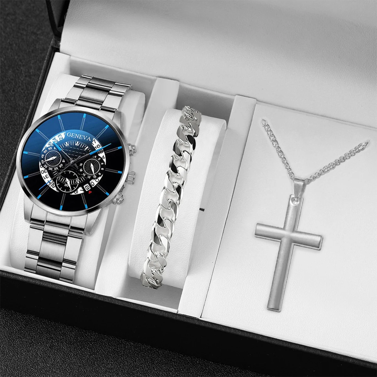 3 pçs/set masculino relógios de negócios moda banda aço relógio quartzo colar pulseira relógio de pulso conjunto relogio masculino (sem caixa)