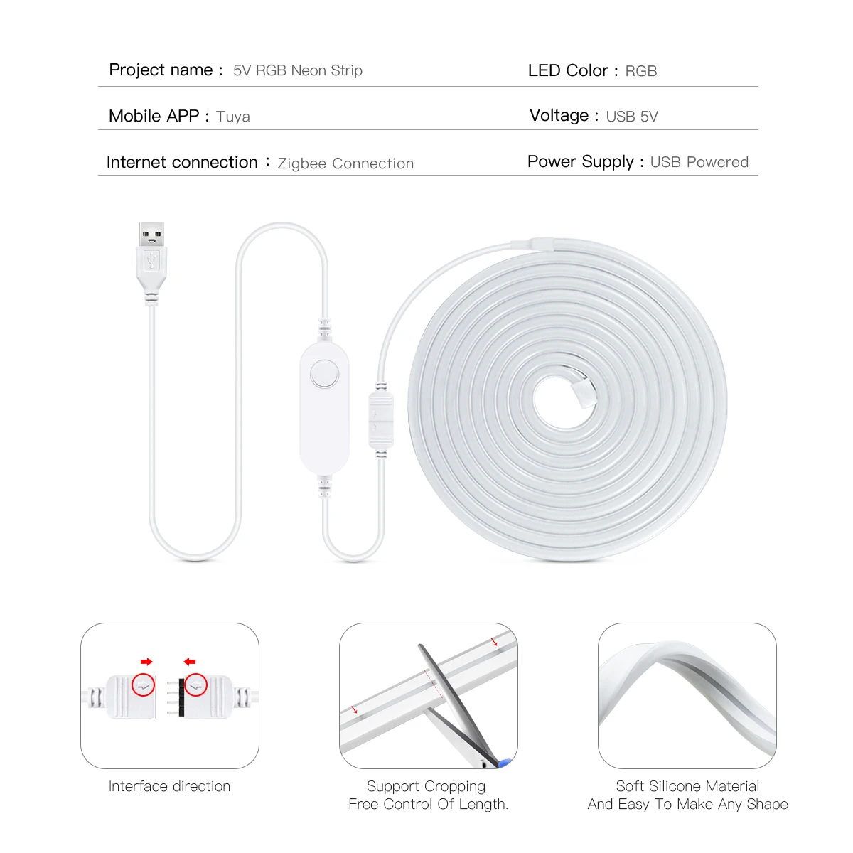 Zigbee Tuya RGB HA CONDOTTO LA Luce di Striscia 5V 2m 3m 5m Diodo Al Neon Nastro Nastro Flessibile Dimmerabile Armadio Decorazione Della Lampada per Alexa