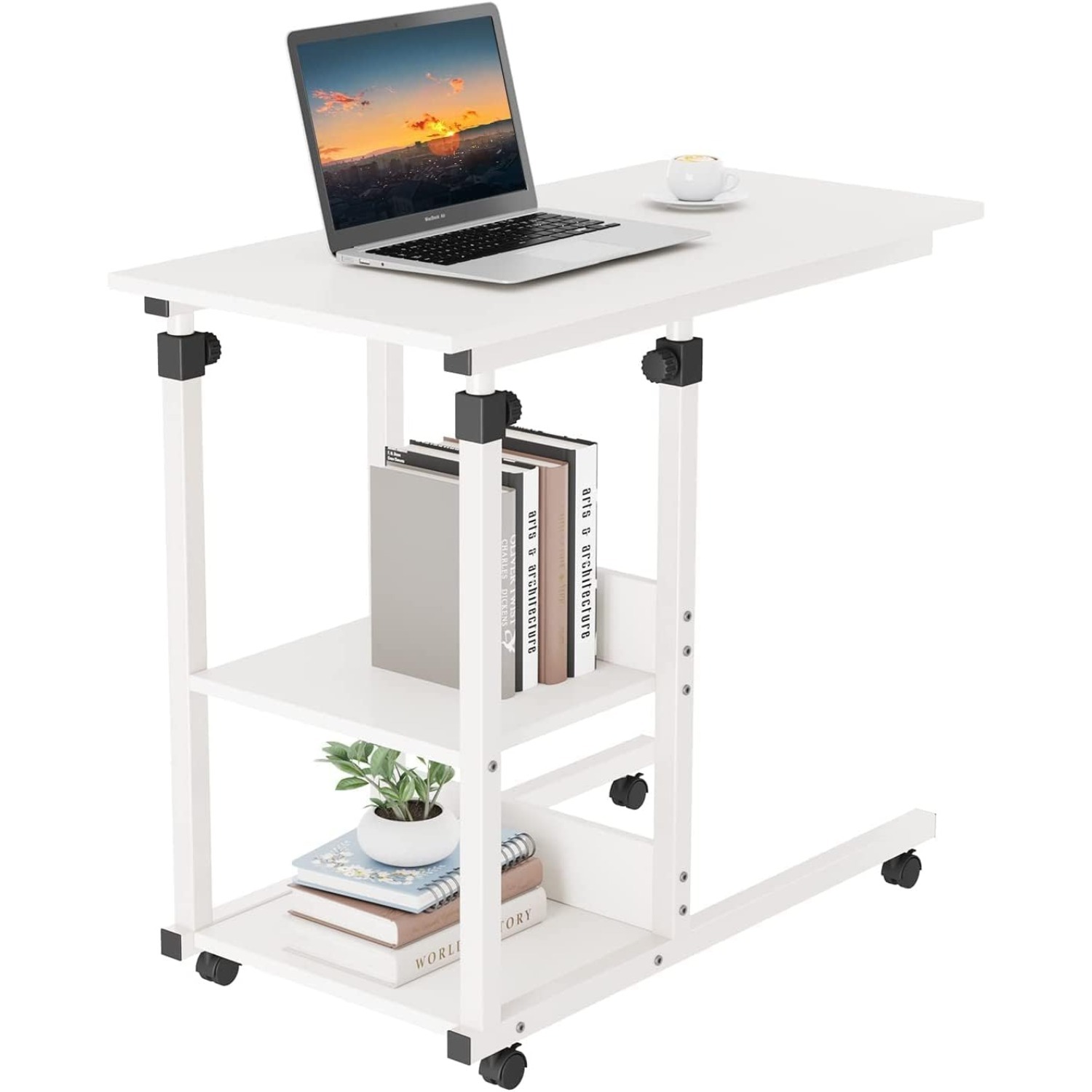 C Shaped Side Table, Sofa Couch Bed End Table, Height Adjustable Mobile Rolling Laptop table with 2 Tiers Storage Shelves