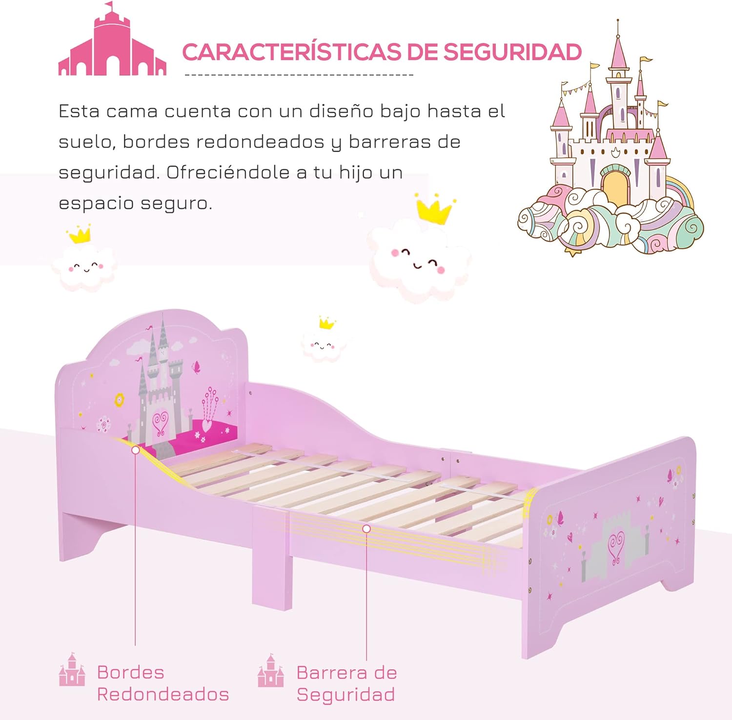 Cama Infantil para +3 Años 143x73x60 cm Cama para Niños de Madera con Barreras de Protección Carga Máx. 50 kg