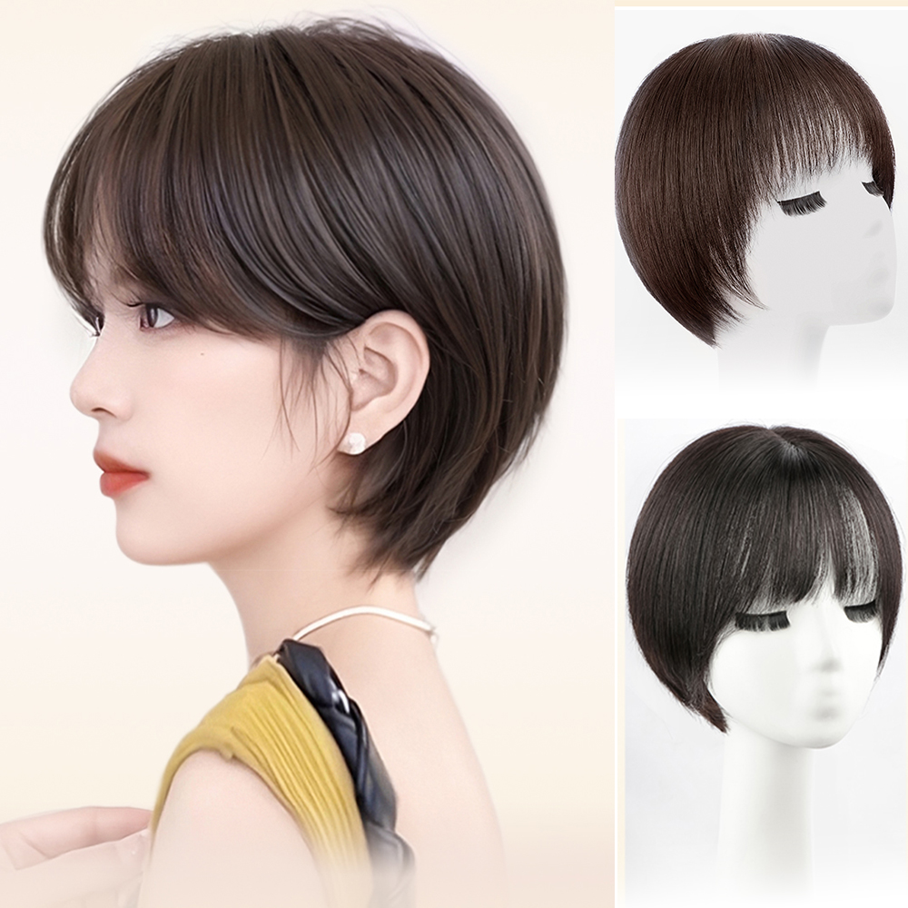 女性のためのフリンジ付きショートレイヤーヒューマンウィッグ、ストレートボブウィッグ、ナチュラルブラック、ブラウン、リアル