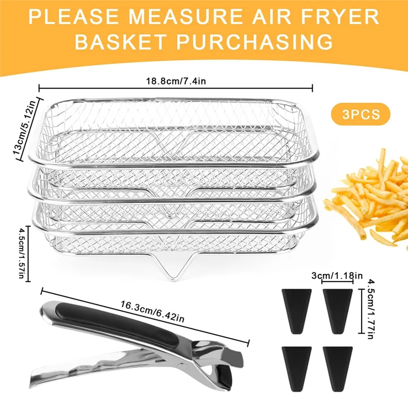 -Estantes rectangulares apilables para freidora de aire HOPE, acero inoxidable 304, 3 niveles para freír con aire mejorado