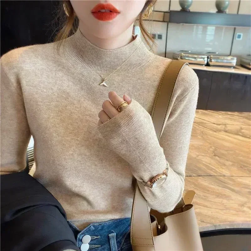 2024 moda Color sólido cuello alto mujeres Otoño Invierno suéteres de punto jerseys básicos de imprimación suéter coreano Jersey ajustado