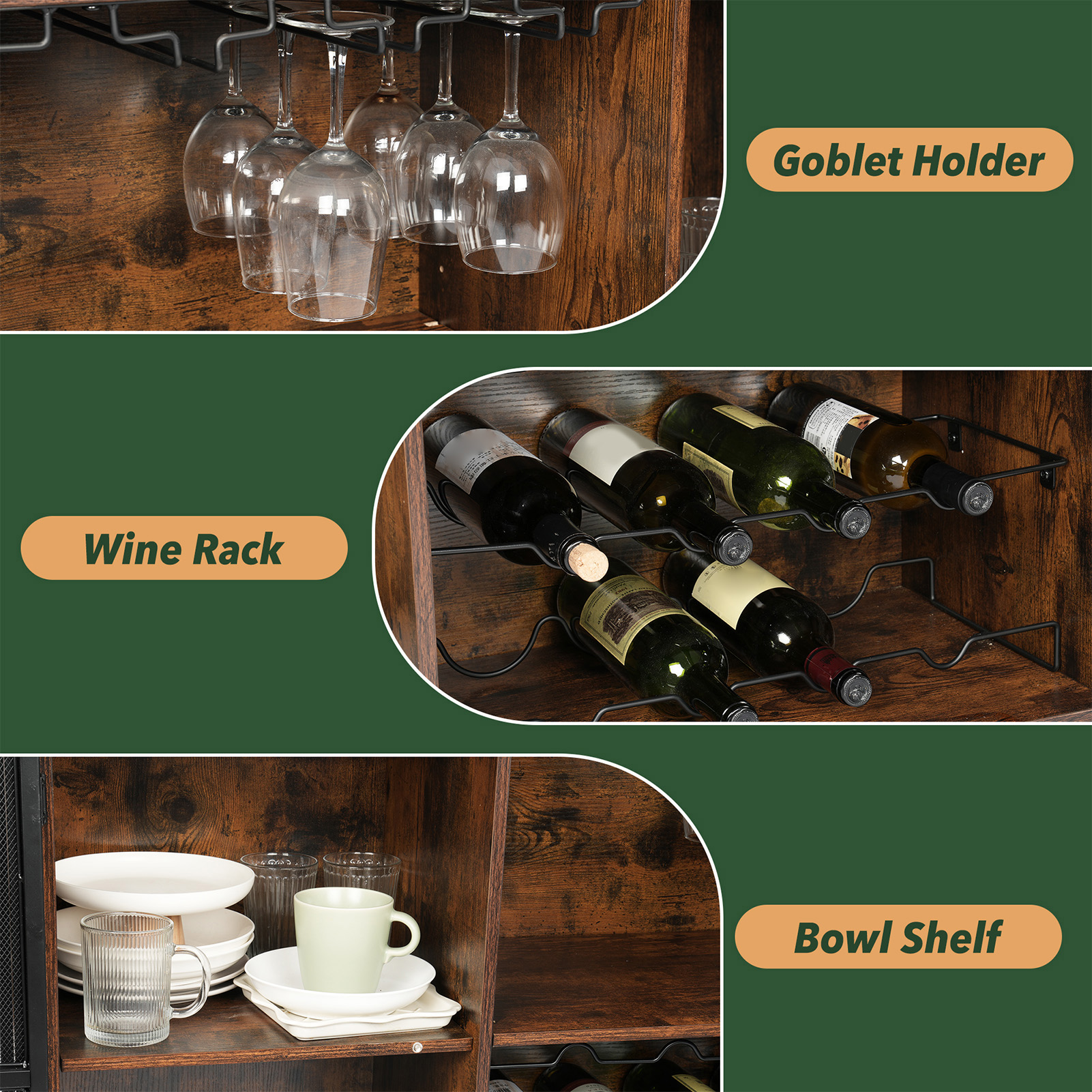 Armadi per vino Credenza e buffet per la casa, cucina, sala da pranzo, mobile da bar per vino in legno rustico marrone rustico