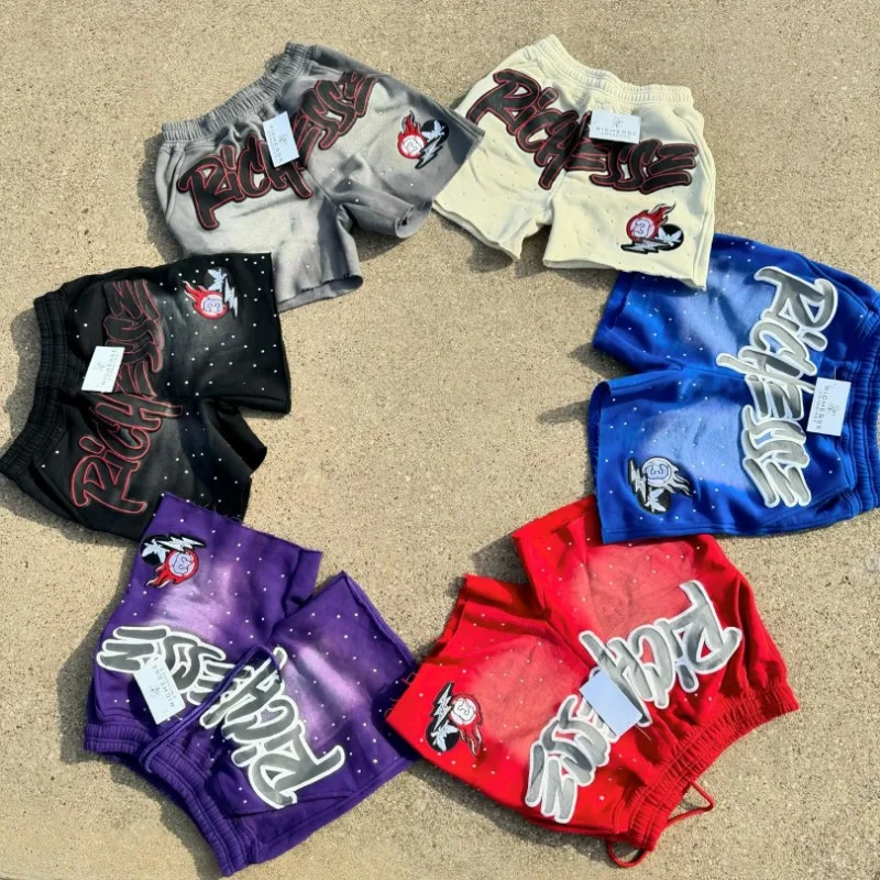 Y2k harajuku shorts masculinos strass carta impressão algodão moletom moda novo hip hop basquete streetwear solto shorts casuais