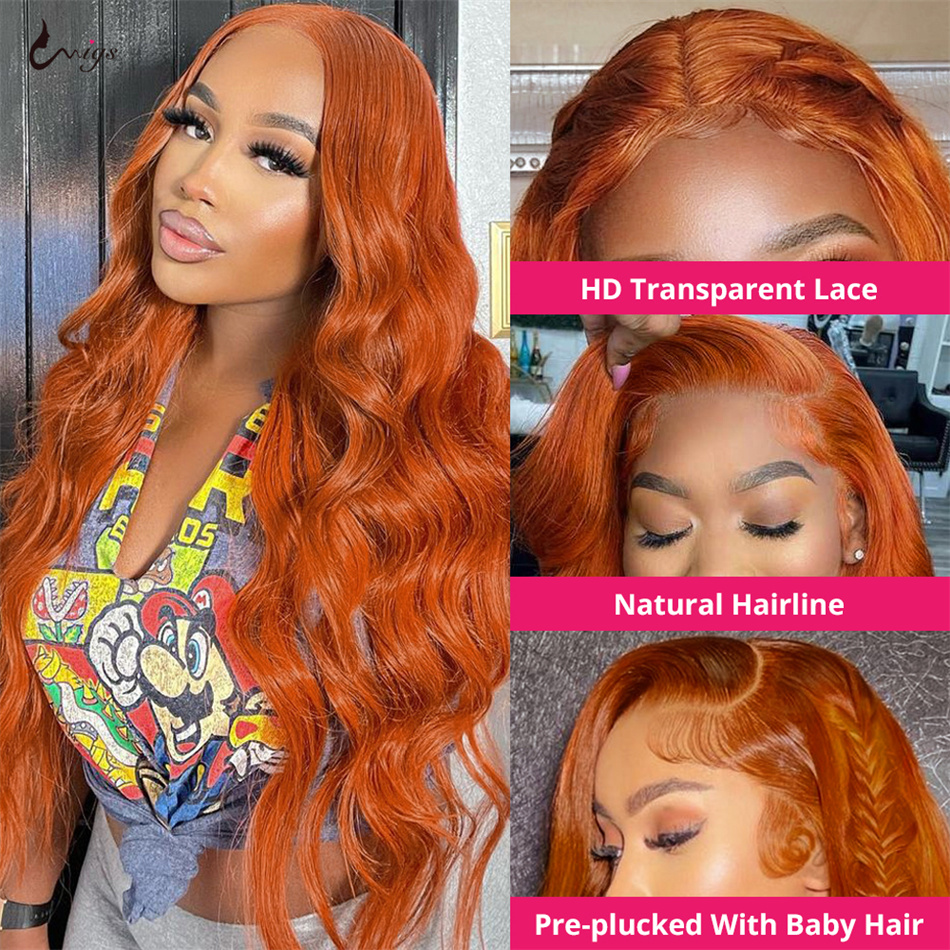 Perruque Lace Front Wig Body Wave naturelle, cheveux humains, HD, 13x6, orange