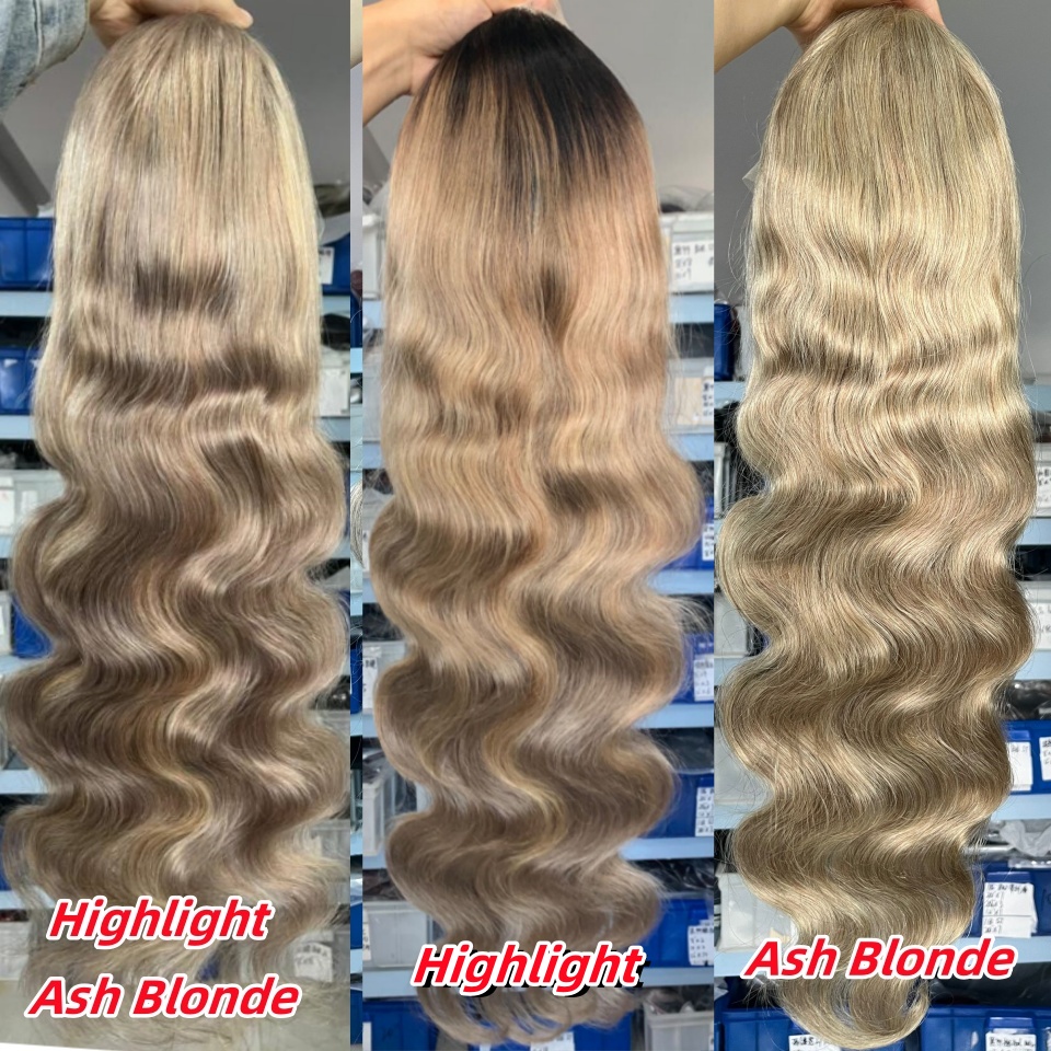 アップグレード 13 × 4 1​​3 × 6 アッシュブロンドハイライトレースフロントウィッグ人毛アッシュブロンド実体波レースフロントウィッグ事前摘み取られた女性のための