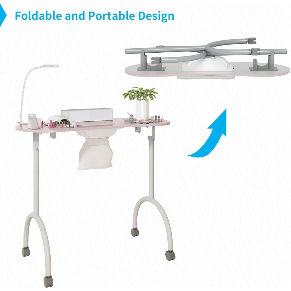 Portable Manicure Nail Table, Foldable Manicure Table with Dust Collector Fan, LED Lamp, 4 Lockable Wheels and Carry Bag