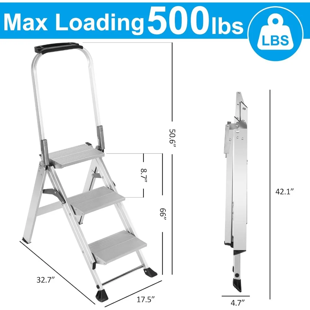 Step Ladder Pro with Tool Platform, Aluminum Folding 3 Step Stool with Non-Slip Wide Pedal, Rubber Feet, Lightweight Multi-
