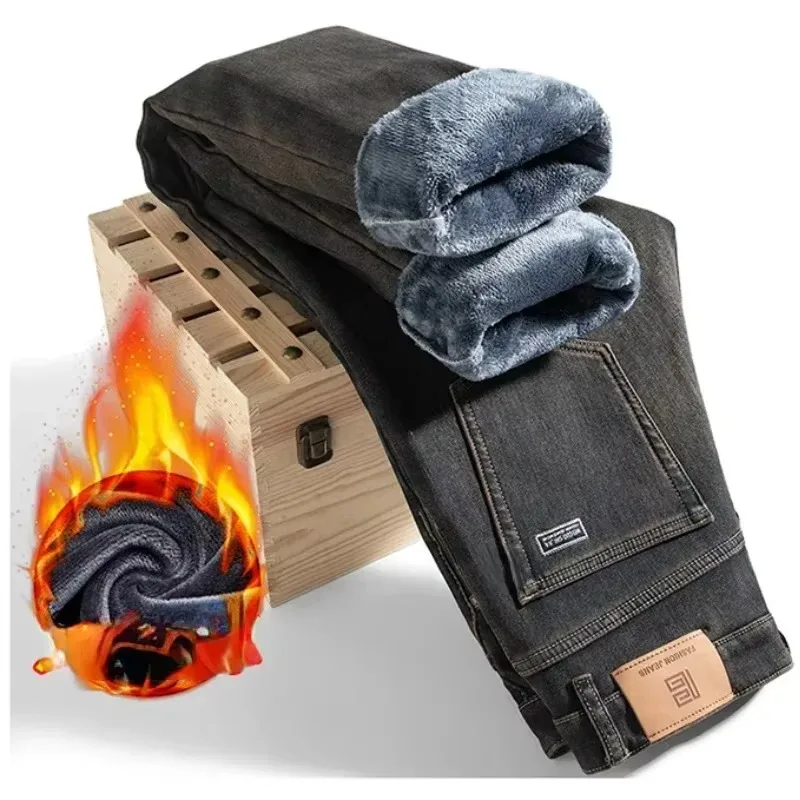 Джинсы мужские зимние прямые с флисовой подкладкой, Свободные повседневные Утепленные длинные штаны, уличная одежда, зимние