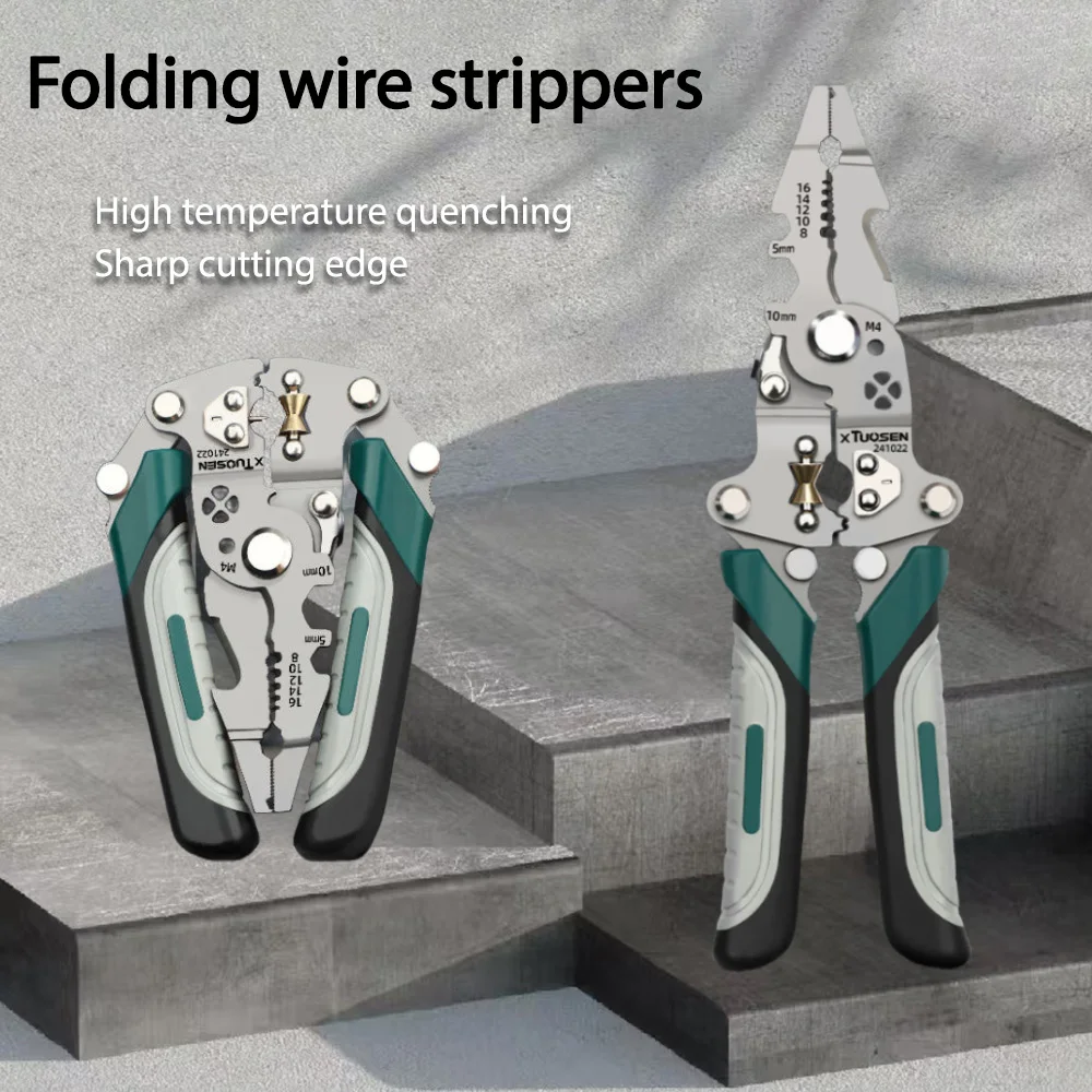 Heavy-duty multifunctional wire stripper, foldable, with stripping, crimping, cutting and twisting functions