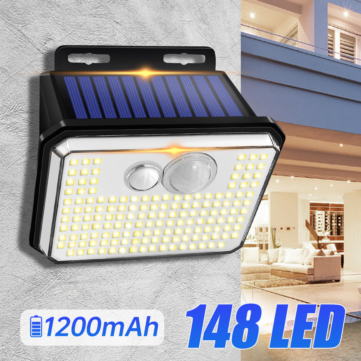 Luces solares impermeables IP65 para jardín al aire libre, superbrillantes, 148 LED, luz de pared con Sensor de movimiento, lámpara de seguridad alimentada por energía Solar, 3 modos