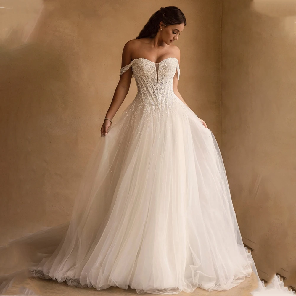 Brilhante frisado lantejoulas querida tule uma linha vestidos de casamento feito sob encomenda nupcial crescido 2025 vestido de noiva