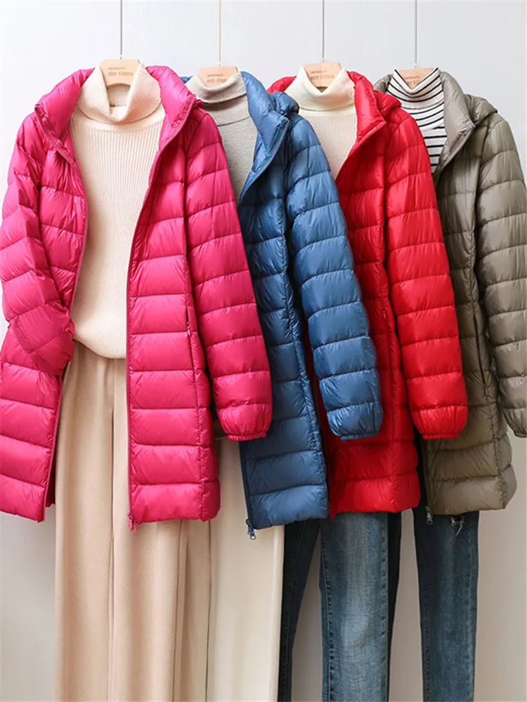 Damen bekleidung Frühling Winter leichte packbare lange Daunen jacken neue Kapuze abnehmbare weibliche tragbare flauschige Winter Puffer Mantel