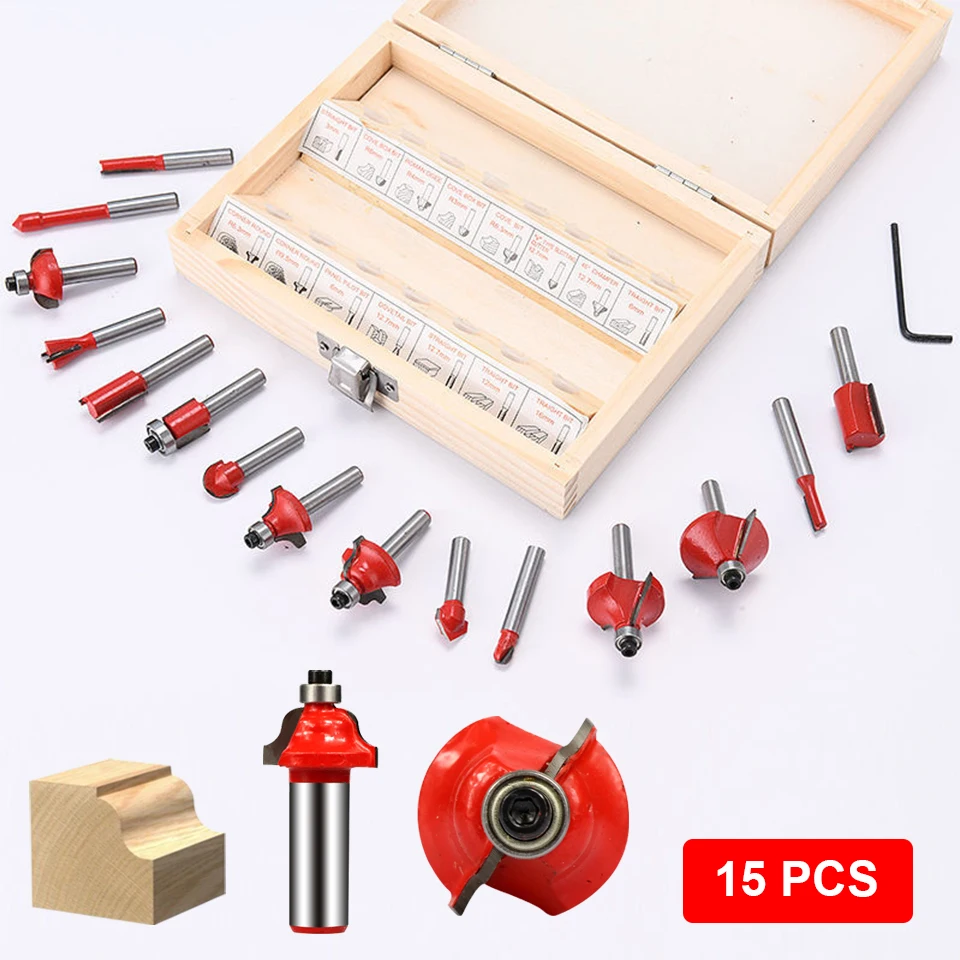 15-teiliges Fräser-Set für Holzfräser, Holzbearbeitung, elektrischer Trimmer, Holzfräsen, Gravieren, Schlitzen, Trimmmaschine