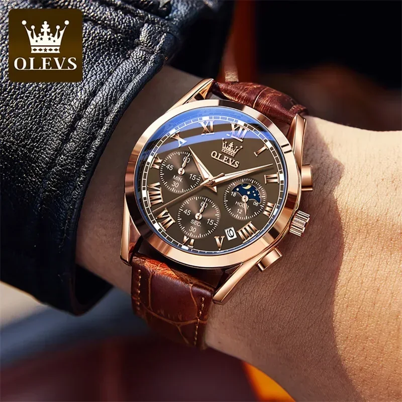 OLEVS reloj de cuarzo para hombre, relojes de lujo de primeras marcas, relojes de pulsera impermeables con fase lunar para hombre, relojes de pulsera con cronógrafo de moda para hombre