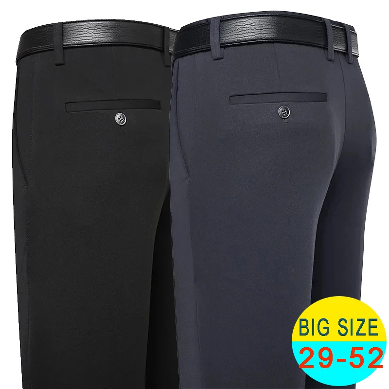 Primavera verão calças casuais masculinas calças de terno elástico calças de negócios formais plus size 46 48 clássico azul marinho