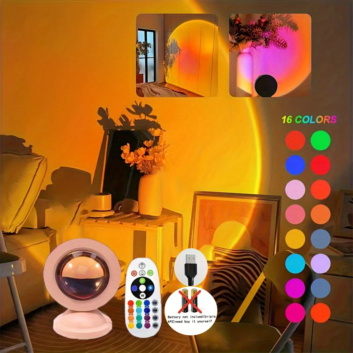 Luz LED de proyección de luz de puesta de sol con control remoto, luz nocturna de 16 colores, luces de amanecer iluminadas por RGB