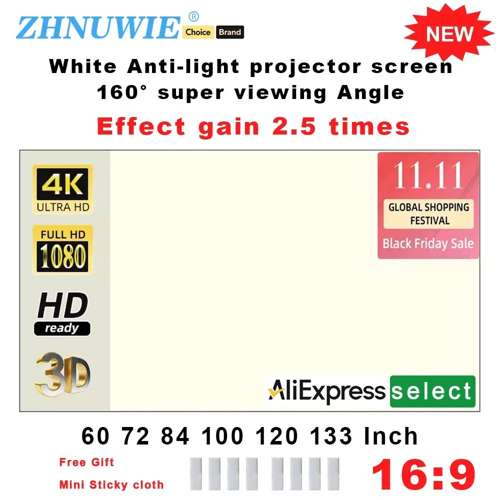 Pantalla de proyector 16:9 de alto brillo reflectante plegable rejilla blanca cortina antiluz 100 120 133 150 pulgadas HD para el hogar al aire libre