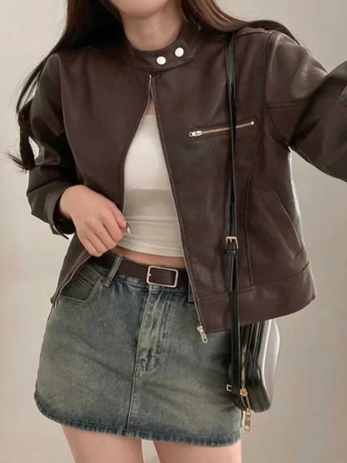 Fall New Sle High-End Motorcycle Leather Jacket Long Sleeve Stand Collar Versatile Baseball Shirt Top for Small Figures