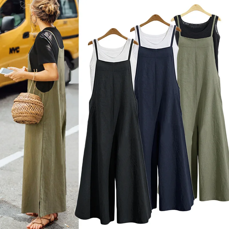 Vrouwen Bandjes Jumpsuit Zomer Effen Kleur Wijde Pijpen Broek Tuinbroek Bib Overalls Casual Losse Mouwloze Katoen Linnen Jumpsuits 5Xl