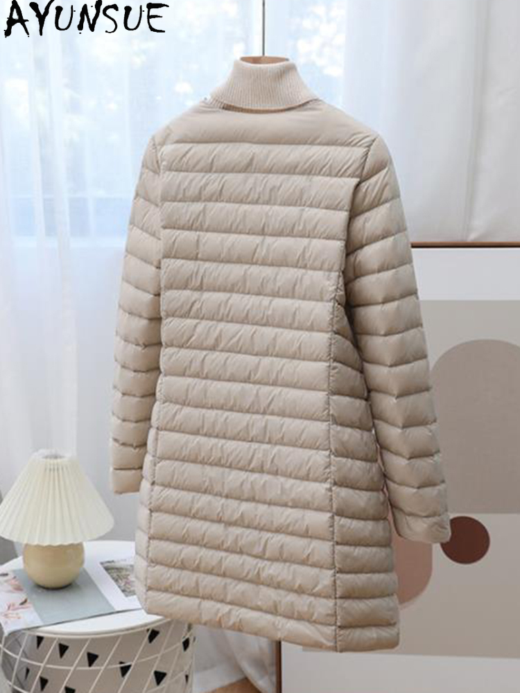 AYUNSUE Winter Ultra Light Thin White Duck Down Coat Women Autumn Winter Long Slim Warm Basic Puffer Jacket Chamarras Para Mujer