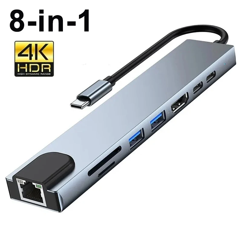 8 en 1 USB C HUB 3,0 tipo C divisor 4K estación de acoplamiento adaptador para ordenador portátil PD SD TF para Macbook Air M1 iPad Pro RJ45 Compatible con HDMI