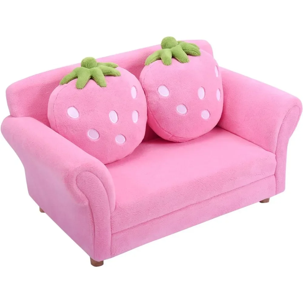 % um sofá infantil, cadeira estofada para crianças com encosto ergonômico e 2 travesseiros de morango, poltrona de assento duplo para crianças
