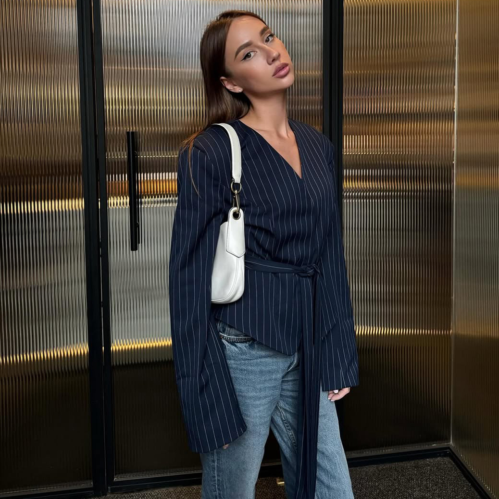 Talenza Dames Gestreepte Blazer Elegant Lint Vetersluiting V-hals Patchwork Lange mouw Luxe Uitloper Vintage Dames Op maat gemaakte jas