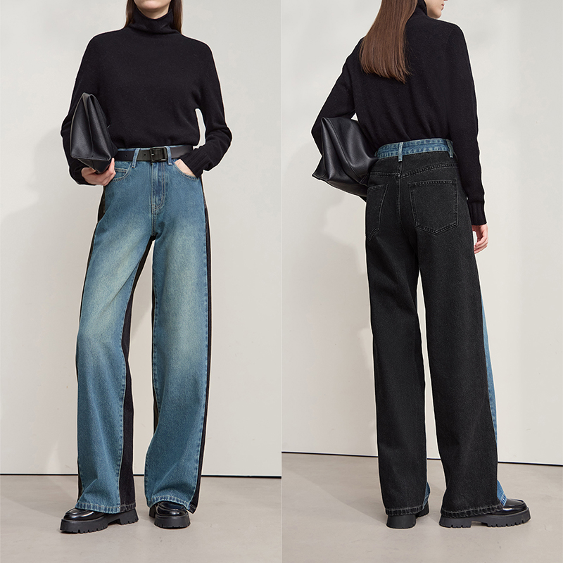 Джинсы Amii, женские брюки, осень 2021, новые повседневные женские джинсовые брюки в стиле ретро, свободные лоскутные универсальные широкие женские брюки 12553027